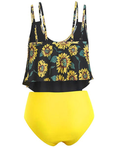 Summer High Waist Sunflower Print Split Swimsuit