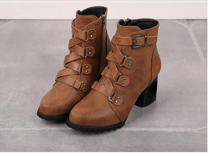 Women  Ankle Pumps PU Leather Toe Boots Solid Autumn Winter  High-heeled Shoes