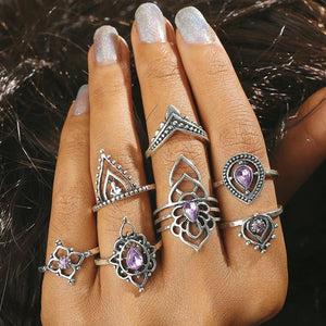 7 Pcs/Set color crystal Indian Ethnic Wind Hollow Flower Modeling Vintage Exaggerated Combination Ring for Xmas Party