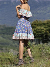 Load image into Gallery viewer, Blue Off-the-shoulder Bohemia Mini Chiffon Floral Print Dress Beach Style Vacation Dress
