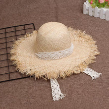 Load image into Gallery viewer, Lace strap straw hat bow wide grass female summer cap beach visor outdoor holiday beach sun protection hat Collapsible
