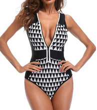 Load image into Gallery viewer, Vintage Black and White Pattern Swimsuit Monokini One Piece Swimwear With Zip
