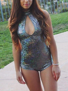 Bling Dazzling Holographic Sequins Backless Bodysuits Sexy One Piece Swimming Suits