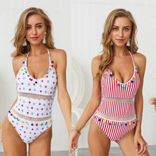 Load image into Gallery viewer, Hollow Bombom tassel hanging neck strap one-piece swimming

