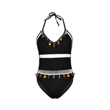 Load image into Gallery viewer, Hollow Bombom tassel hanging neck strap one-piece swimming
