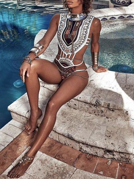 White Ethnic Style Print Triangle Conjoined Swimwear