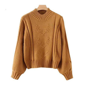 Knitted Floral Winter Casual Pullovers Women's Jumper Turtleneck Lantern Sleeve Pull Femme Tricot Autumn Sweaters Jumper