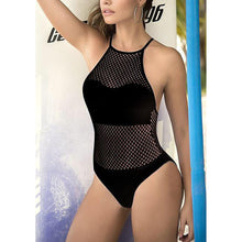 Load image into Gallery viewer, Mesh One Piece Swimsuit Women High Neck Cross Bandage Monokini Push Up Bikini High Cut Out Swimwear Sexy Bodysuit Bathing Suits

