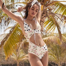 Load image into Gallery viewer, Miyouj Asymmetric Splicing Swimsuit Female String Fashion Swimwear Women Bathing Suit Floral Print One Piece Suits
