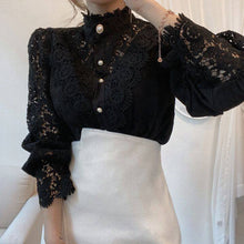 Load image into Gallery viewer, French Loose Chic Button Heavy Lace Cutout Flower Panel Long Sleeve Stand Collar Shirt
