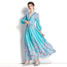Load image into Gallery viewer, Spring and autumn V-neck long sleeves temperament, ruffled lace balloon sleeves, long print waist dress
