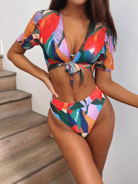 Three-piece printed split swimsuit bikini