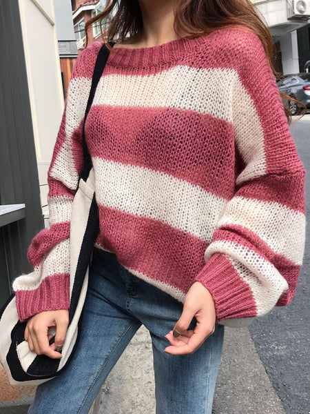 Winter Loose Contrast Stripes Thin Section Sweater