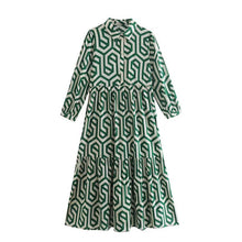 Load image into Gallery viewer, Women&#39;s Long Sleeve Lapel Green Geometric Print Shirt Dress
