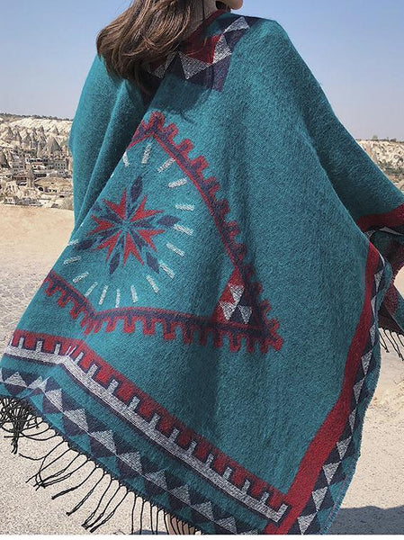 Retro Style Vintage Pattern Bohemian Tassel Shawl Cape