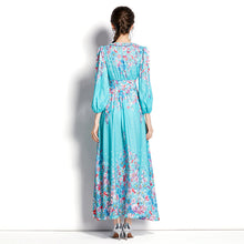 Load image into Gallery viewer, Spring and autumn V-neck long sleeves temperament, ruffled lace balloon sleeves, long print waist dress
