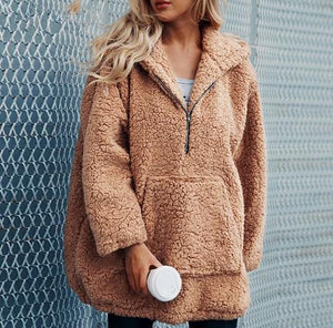 Autumn And Winter Hooded Plush Thick Loose Sweater Coat