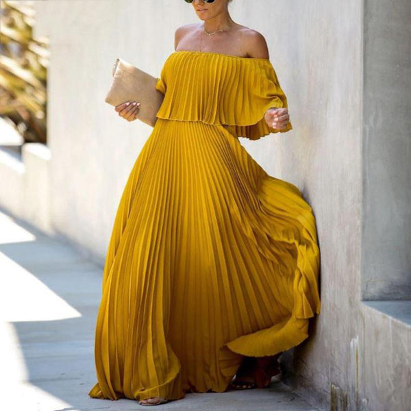 Women's long skirt sexy off-the-shoulder pleated chiffon evening dress