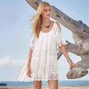 Lace embroidered beach blouse sexy slip off-the-shoulder holiday dress seaside bikini blouse