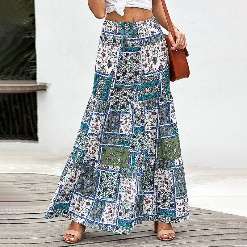 Printed skirt summer ethnic style high waist thin A-line skirt