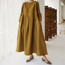 Load image into Gallery viewer, Loose Plus-size Dress Fat Japanese Cotton and Linen Round Neck Pullover Solid Color Long Skirt Big Swing Dress
