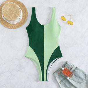 One-piece swimsuit contrast panels, pit strip fabric women's swimsuit beach vacation