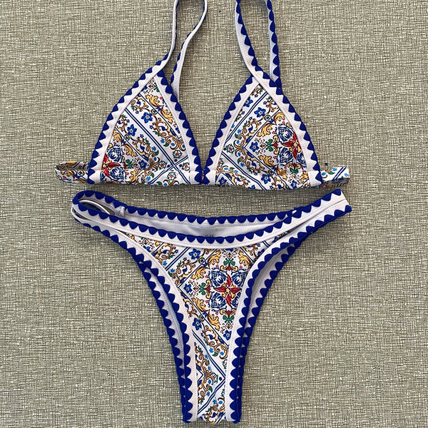 Blue print swimsuit sexy crocheted bikini