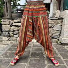 Load image into Gallery viewer, Ethnic style summer men&#39;s and women&#39;s same large crotch pants cotton and linen printed casual lantern trousers
