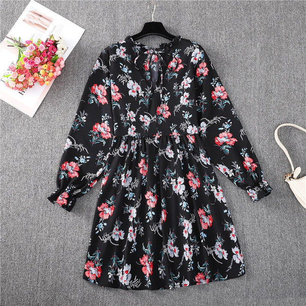 Black background small collar fashion leisure high waist A-line skirt temperament autumn and winter dress women's long sleeves