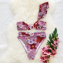 Load image into Gallery viewer, Swimsuit new shoulder bandage flower buckle ruffled split bikini
