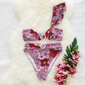 Swimsuit new shoulder bandage flower buckle ruffled split bikini
