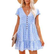 Load image into Gallery viewer, V-neck buttons, small florals, short sleeves, loose casual dress, women&#39;s wear
