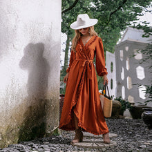 Load image into Gallery viewer, Women&#39;s solid bohemian V-neck floral resort style long sleeved dress
