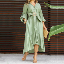 Load image into Gallery viewer, Green dress dress fashion casual Vneck lapel long dress
