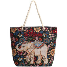 Load image into Gallery viewer, Ethno-style black flower elephant double-sided jacquard embroidery with gold wire canvas chain tote shoulder bag
