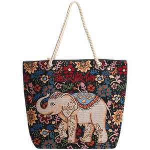Ethno-style black flower elephant double-sided jacquard embroidery with gold wire canvas chain tote shoulder bag