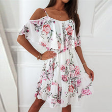 Load image into Gallery viewer, Chiffon Print Sling Off-Shoulder Loose Ruffle Hem Dress
