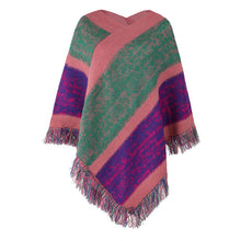Load image into Gallery viewer, Contrast stripe knitted cape fringed cape
