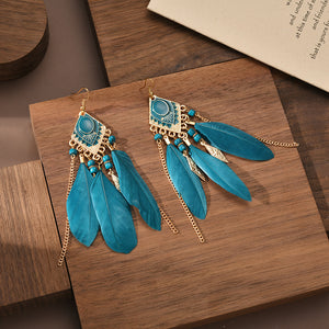Fringed bohemian red earrings, vintage feather earrings