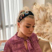 Load image into Gallery viewer, Stylish hand-stitched embroidered flowers fabric headband Personality creative diamond-encrusted knotted headband for women
