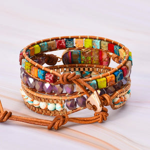 Romantic 7 Color Emperor Stone Leather Wrapped Bracelet Mixed Stone Heart Shaped 3-Strand Winding Bracelet Classic Jewelry
