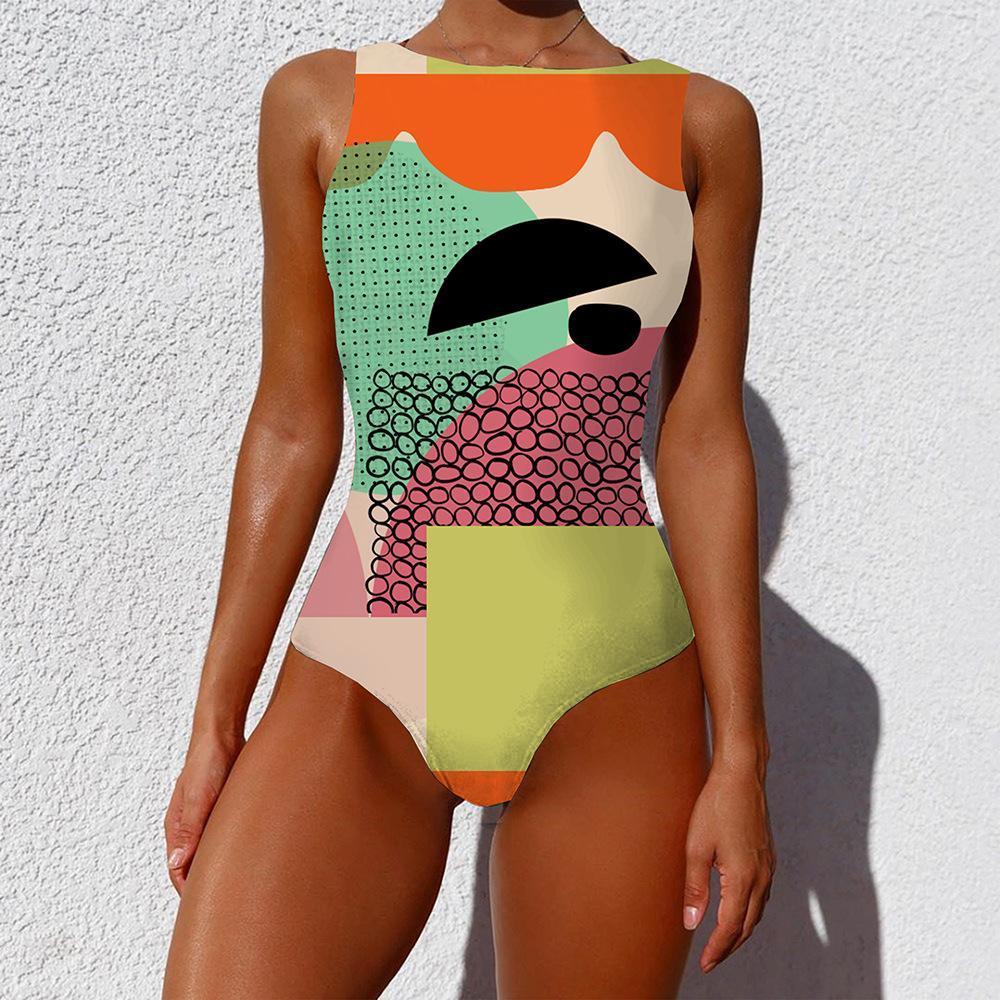 Swimsuit One-piece Bikini Personality Abstract Printed Swimsuit Female Sleeveless Monokini colorful