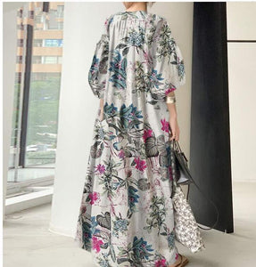 Long cotton and linen print, V-neck, simple loose plus-size dress