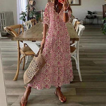 Load image into Gallery viewer, Casual sweet V-neck print pendant short sleeves midi dress woman
