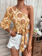 Load image into Gallery viewer, Mandala Print One Shoulder Balloon Sleeve Ruffle Hem Tie Shirt Tie Top
