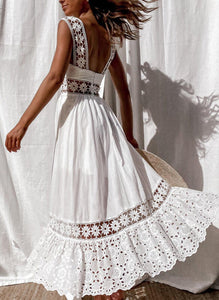 Fashion Lace Sleeveless Stitching Large Swing Long Dress