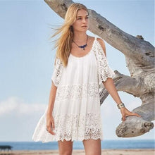 Load image into Gallery viewer, Lace embroidered beach blouse sexy slip off-the-shoulder holiday dress seaside bikini blouse
