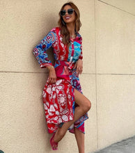 Load image into Gallery viewer, Women&#39;s Lace-Up Print Polo Neck Midi Dress

