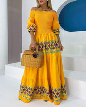 Load image into Gallery viewer, High waist temperament commuter suspender loose yellow ethnic print dress
