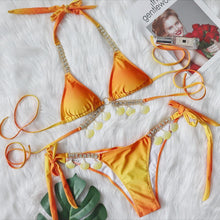 Load image into Gallery viewer, Sexy Strap Gradient Print Women&#39;s Split Swimsuit Luxury Crystal Diamond Bikini Shell Swimsuit
